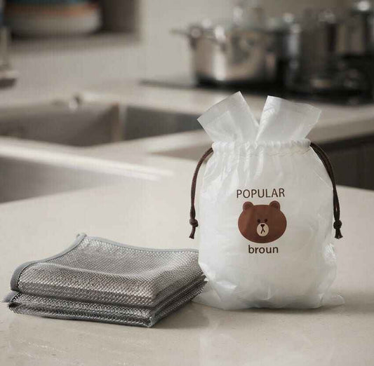 Combo Deal – 100 PCS Disposable Food Cover Plastic Bags with FREE 2 Pcs Metal Wire Cleaning Scrubs